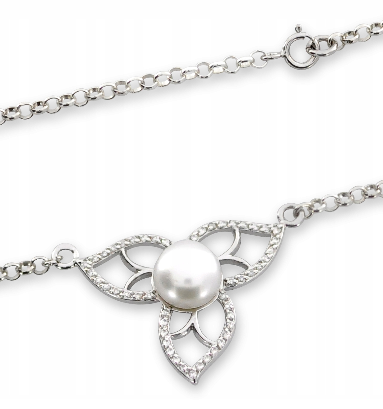 Jemný Stříbrný Náhrdelník S Květinou A Perlou 925 Ažur