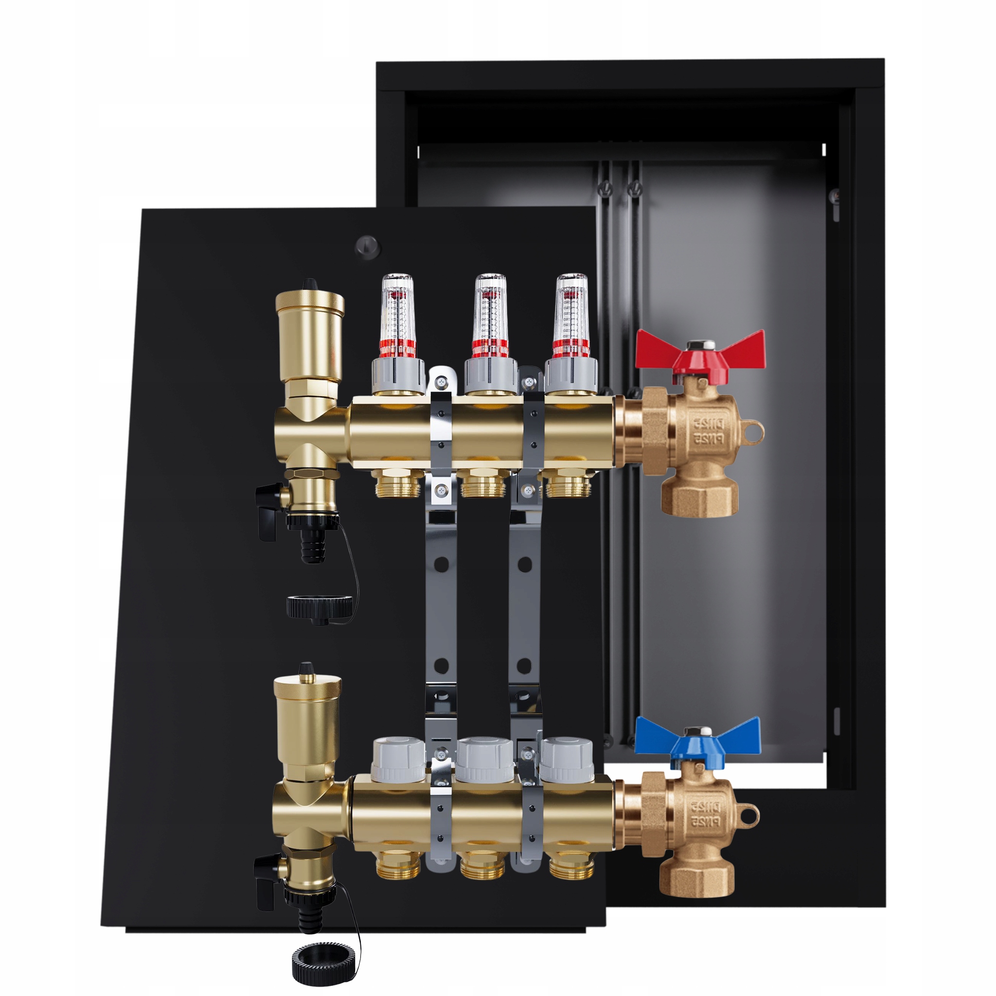 Rozdělovač mosazný podlahový 3 okruhy nástěnná skříňka černá ventily