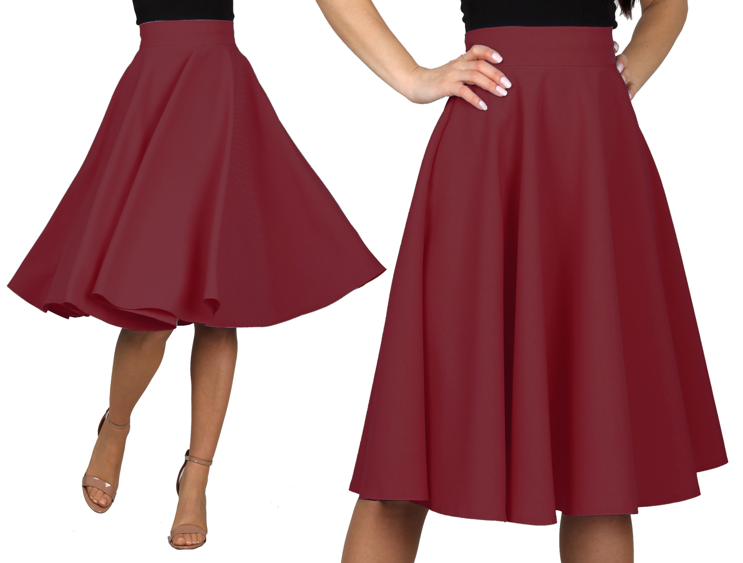 3XL MIDI Bordó sukně za koleno midi rozložená rozevřená s kolečkem 46