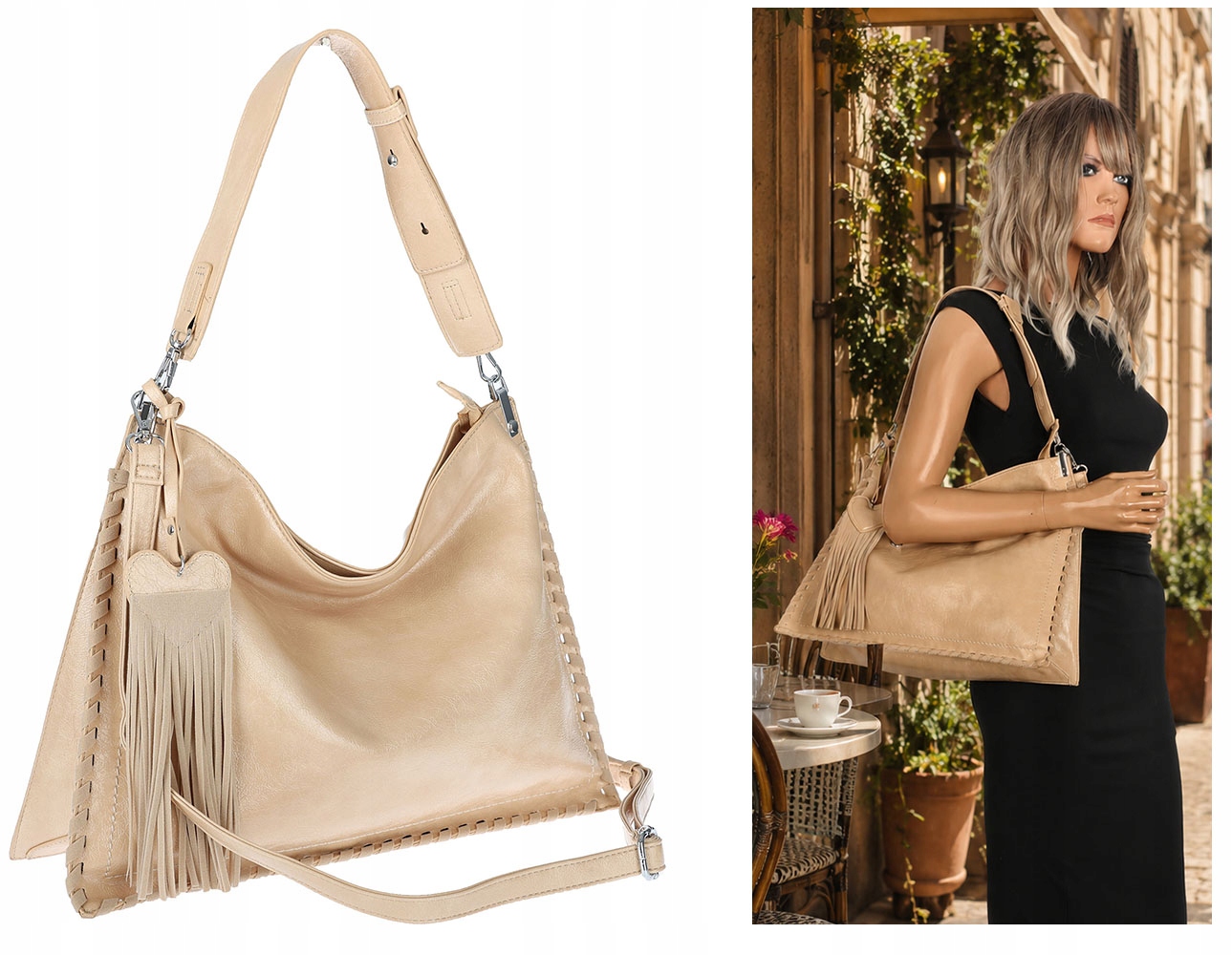 Dámská kabelka shopper taška přes rameno s střapci velká módní boho MC687 Béžová