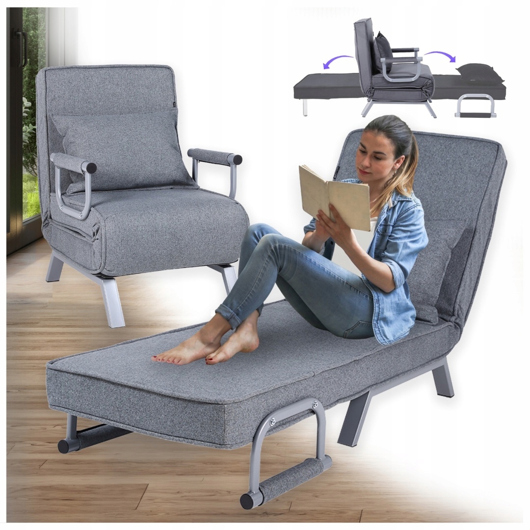 Fotel Krzesło Tapicerowany Rozkładany Ibiza Ciemnoszary Nogi Srebrnoszare