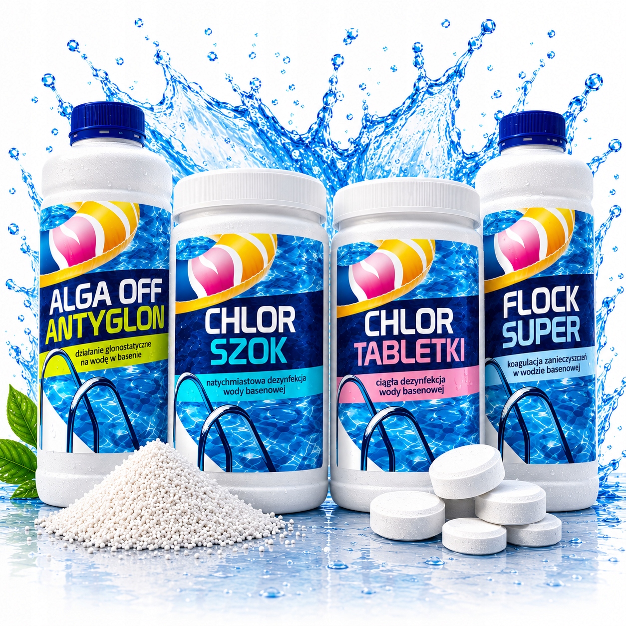 Zestaw Chemia Basenowa Chlor Szok Chlor Tabletki Alga Off Flock Koagulant