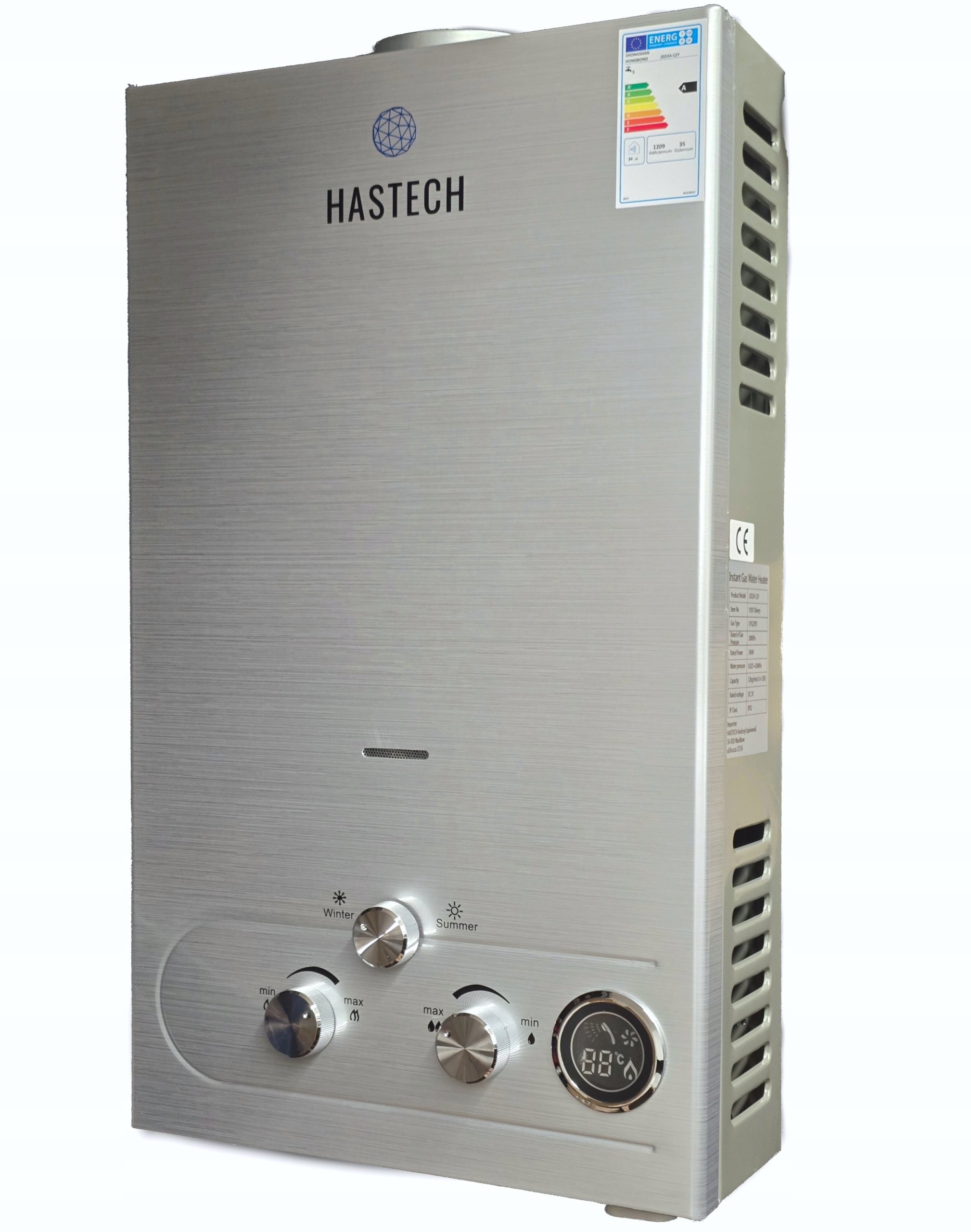 Plynový prietokový ohrievač vody 12L 24 kW Lpg Hastech Inox