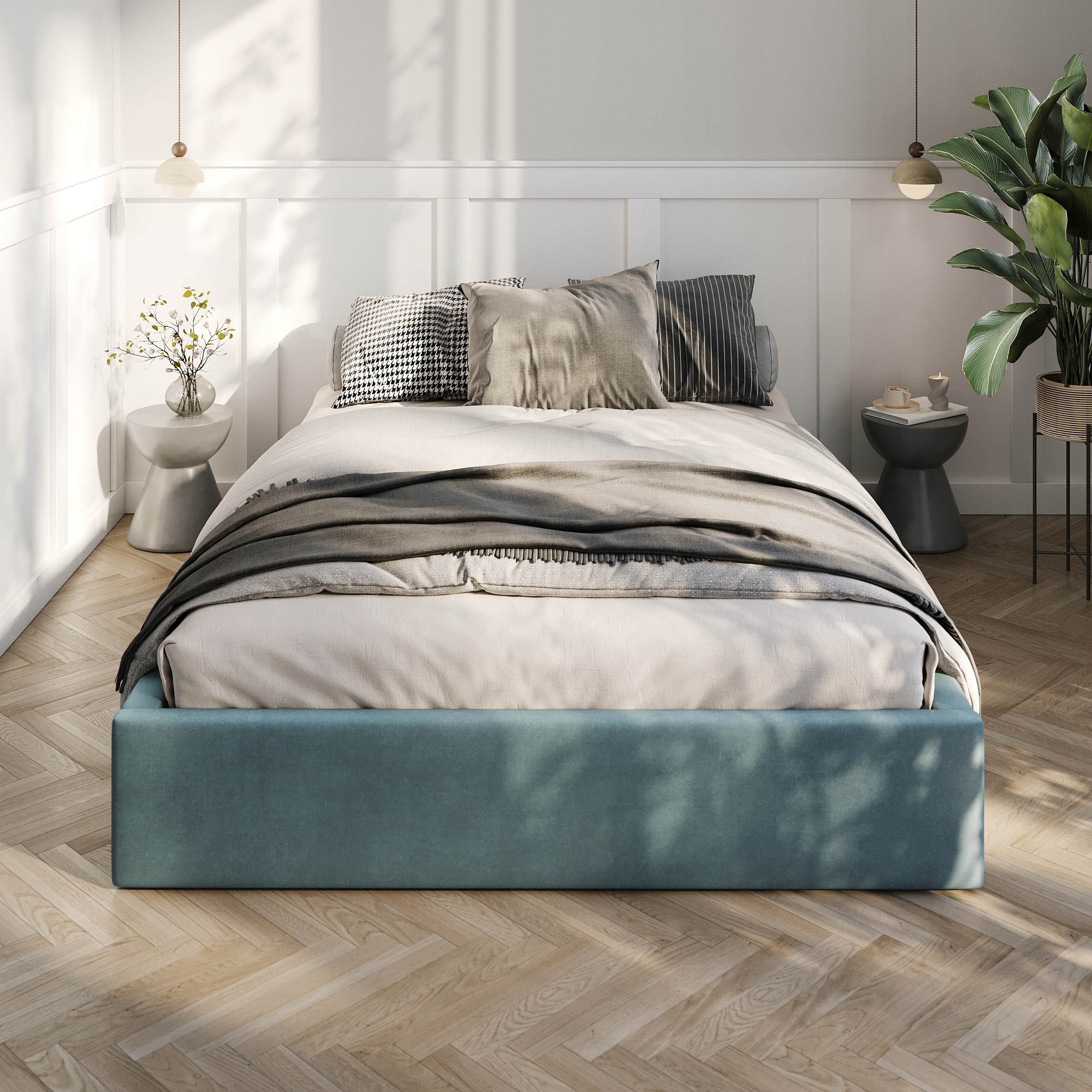 Postel 140x200 Čalouněná S Úložným Prostorem Dvojitý Rošt Mořský Velur
