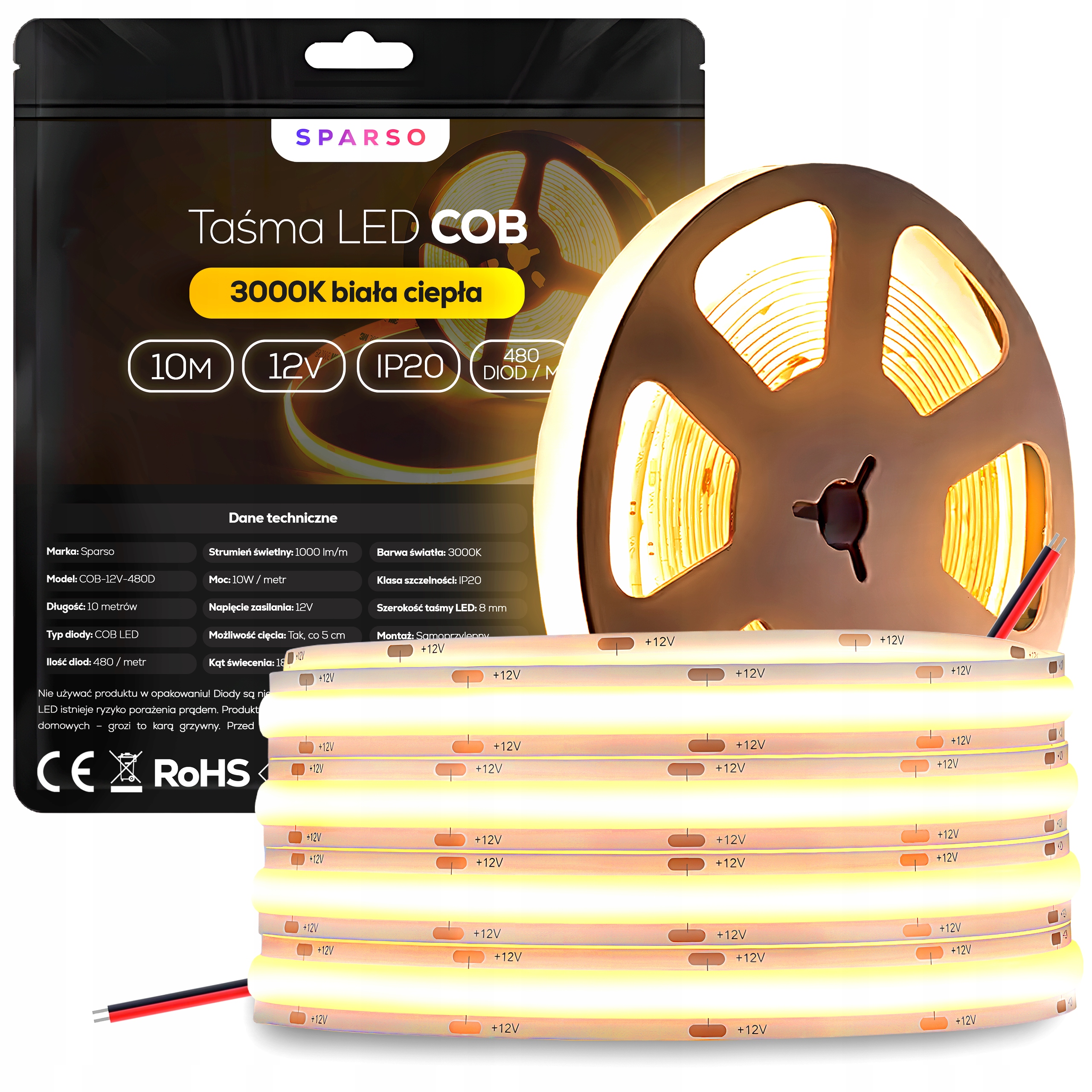Taśma Led Cob Neon 10m 12V 3000K Biała Ciepła 480 LED/m Mocna bezpunktowa