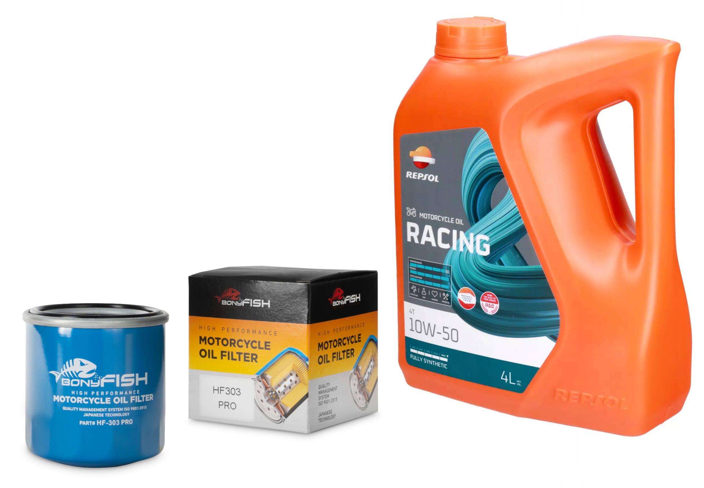 Olej Repsol Racing 10W50 4L MA2 Syntetický 4T olejový filtr BonyFish HF303