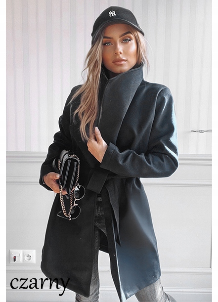 Elegancki PŁASZCZ wiosenny DAMSKI pasek stójka kołnierz Marka Awanti