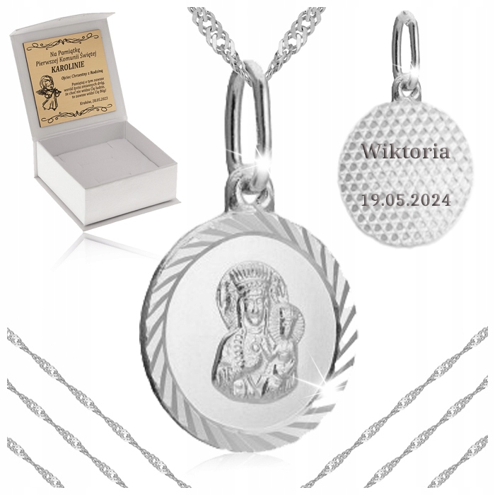 SREBRNY ŁAŃCUSZEK + MEDALIK 925 PREZENT DLA DZIEWCZYNKI NA KOMUNIĘ + GRAWER