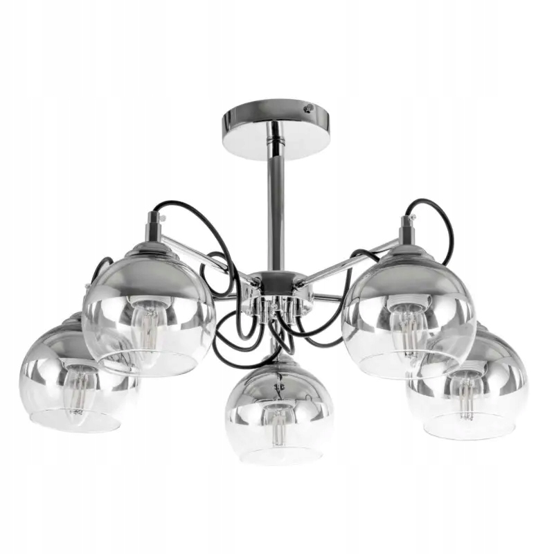 Stříbrná stropní moderní lampa s 5 stínidly, černé kabely do obývacího pokoje