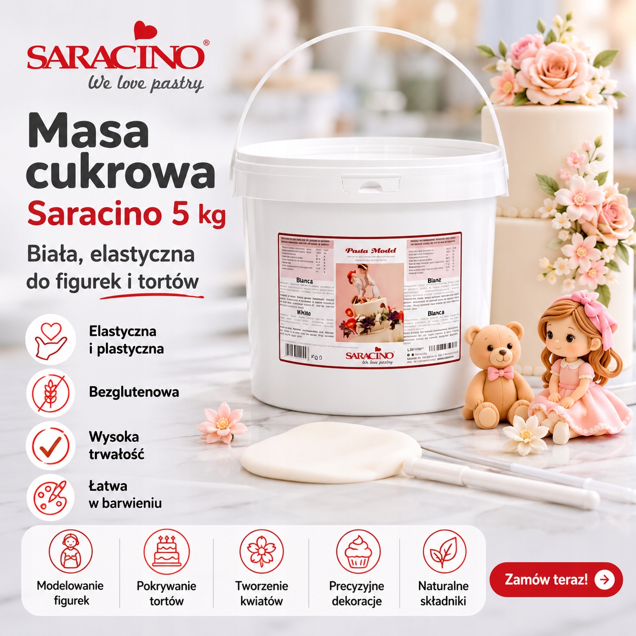 Masa cukrowa Saracino 5 kg Biała, elastyczna do figurek i tortów