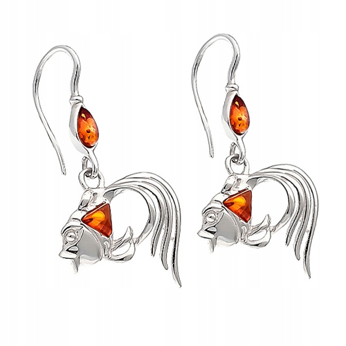 Stříbrné Rybičky náušnice dlouhé závěsné s přírodním Jantarem stříbro 925