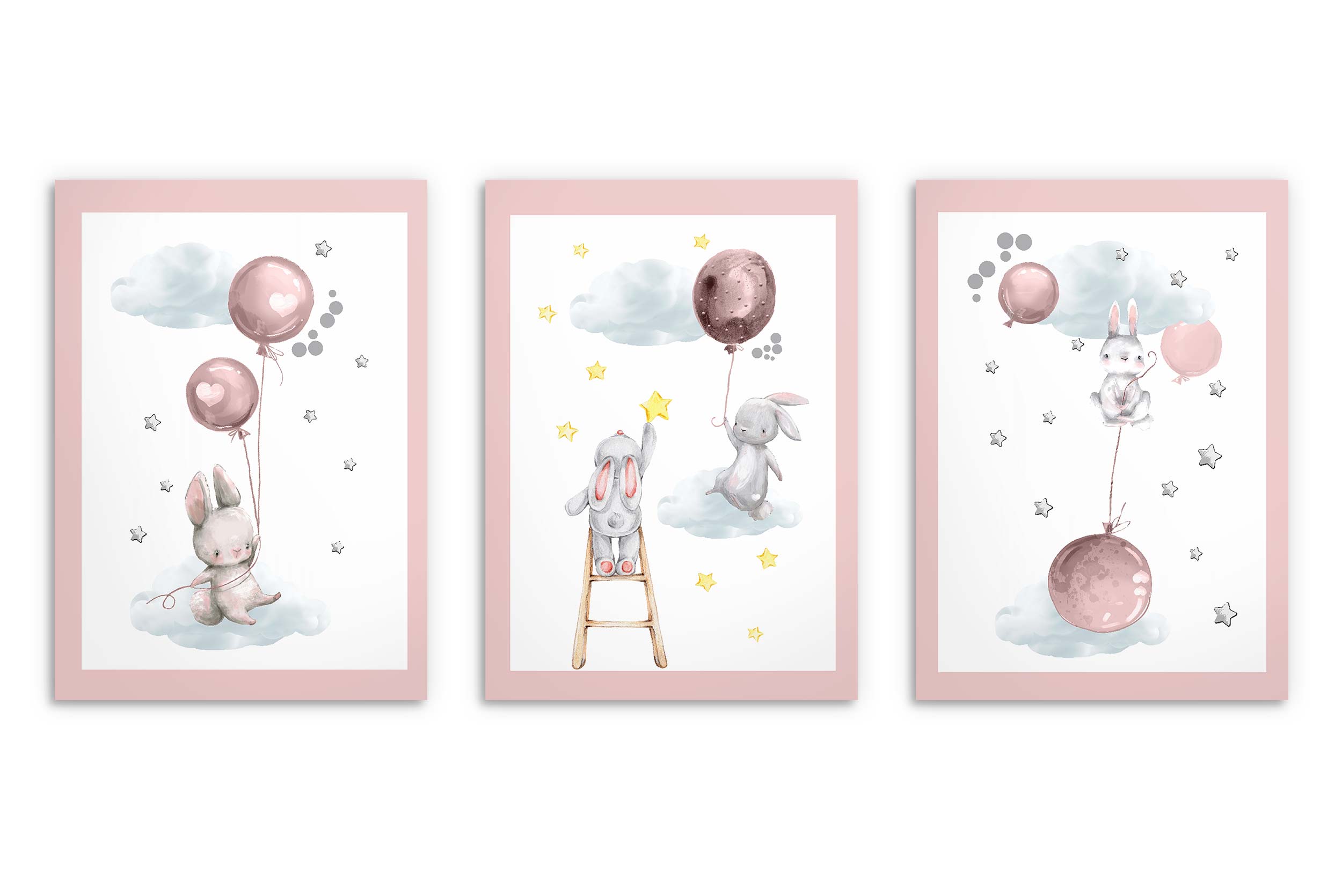 Zestaw Plakatów dla dziecka Króliczki Balony pastelowy róż Obrazy 50x70