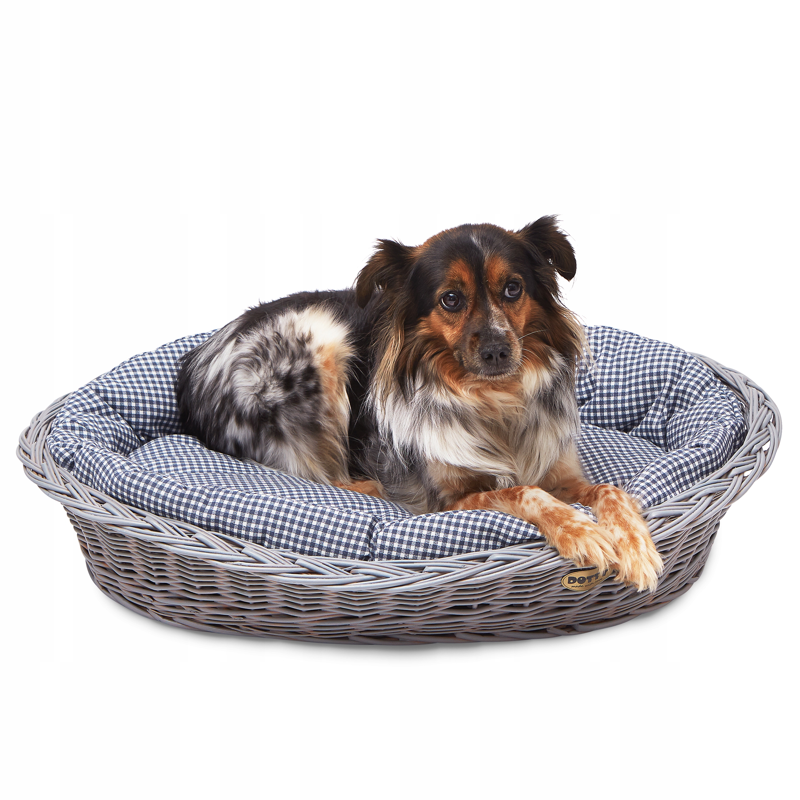 Proutěný pelíšek pro psa kočku, šedý košík s pelíškem z bavlny Dotty