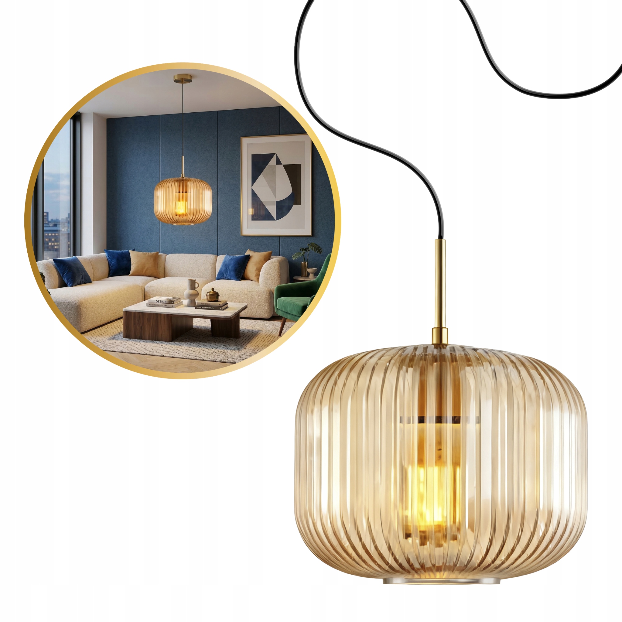 Lampa sufitowa Led wisząca bursztynowy szklany klosz LL Nythera E27 złota