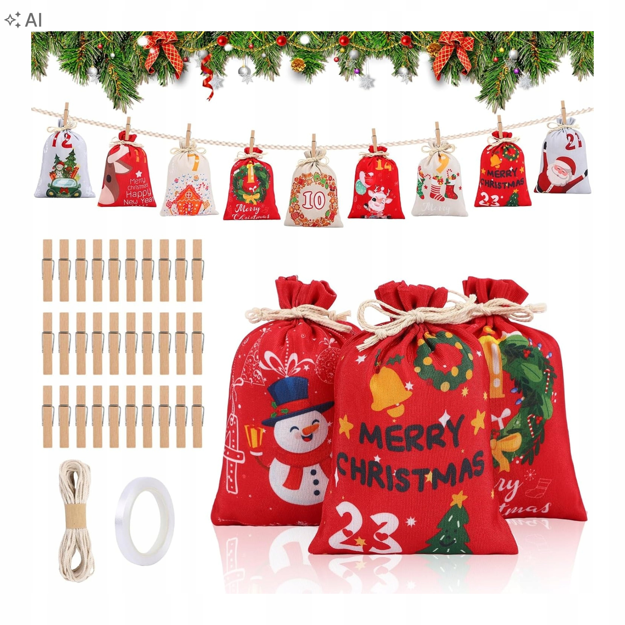 Adventní kalendář k vyplnění 24 Diy tašek s dřevěnými klipy