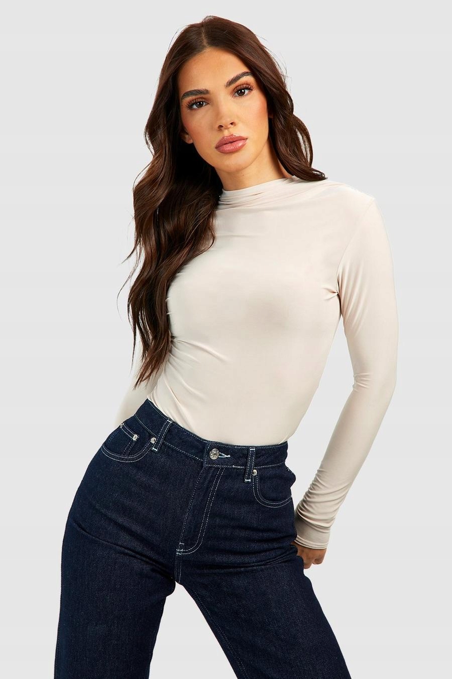 BOOHOO BEŻOWE GŁADKIE BODY DŁUGI RĘKAW BASIC G1K NG2__L