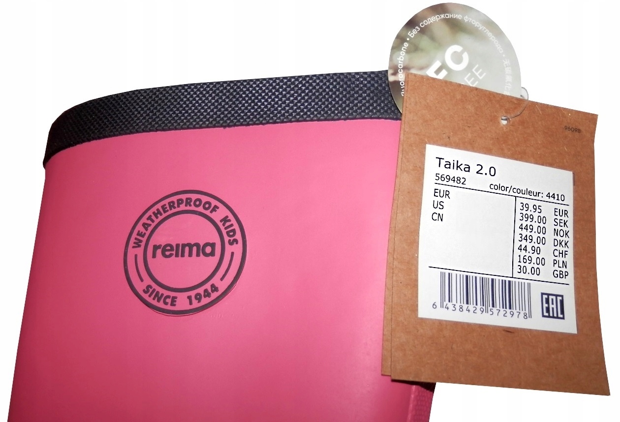 KALOSZE REIMA TAIKA 2.0 ODBLASKI NIEPRZEMAKALNE RÓŻOWE r. 24 Materiał guma