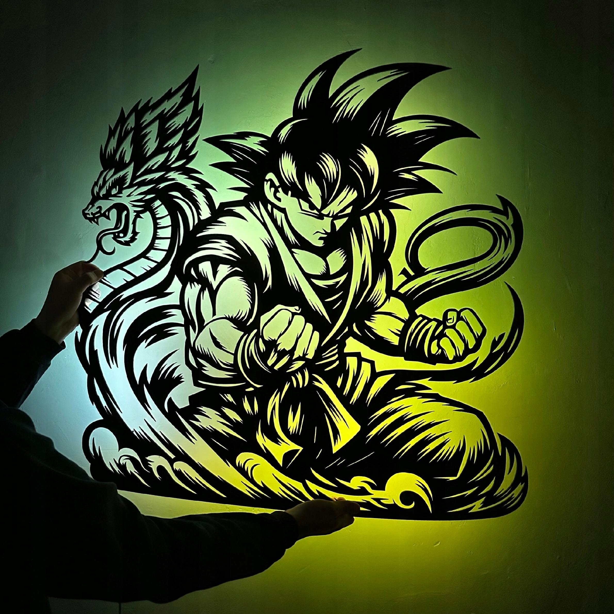 Dřevěný obraz Anime Goku Dragonball na zeď Dárek Noční Lampa Led XL