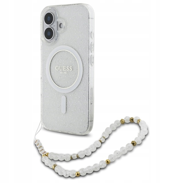 Pouzdro Guess IML Glitter Pearl Strap MagSafe pro iPhone 16 Plus