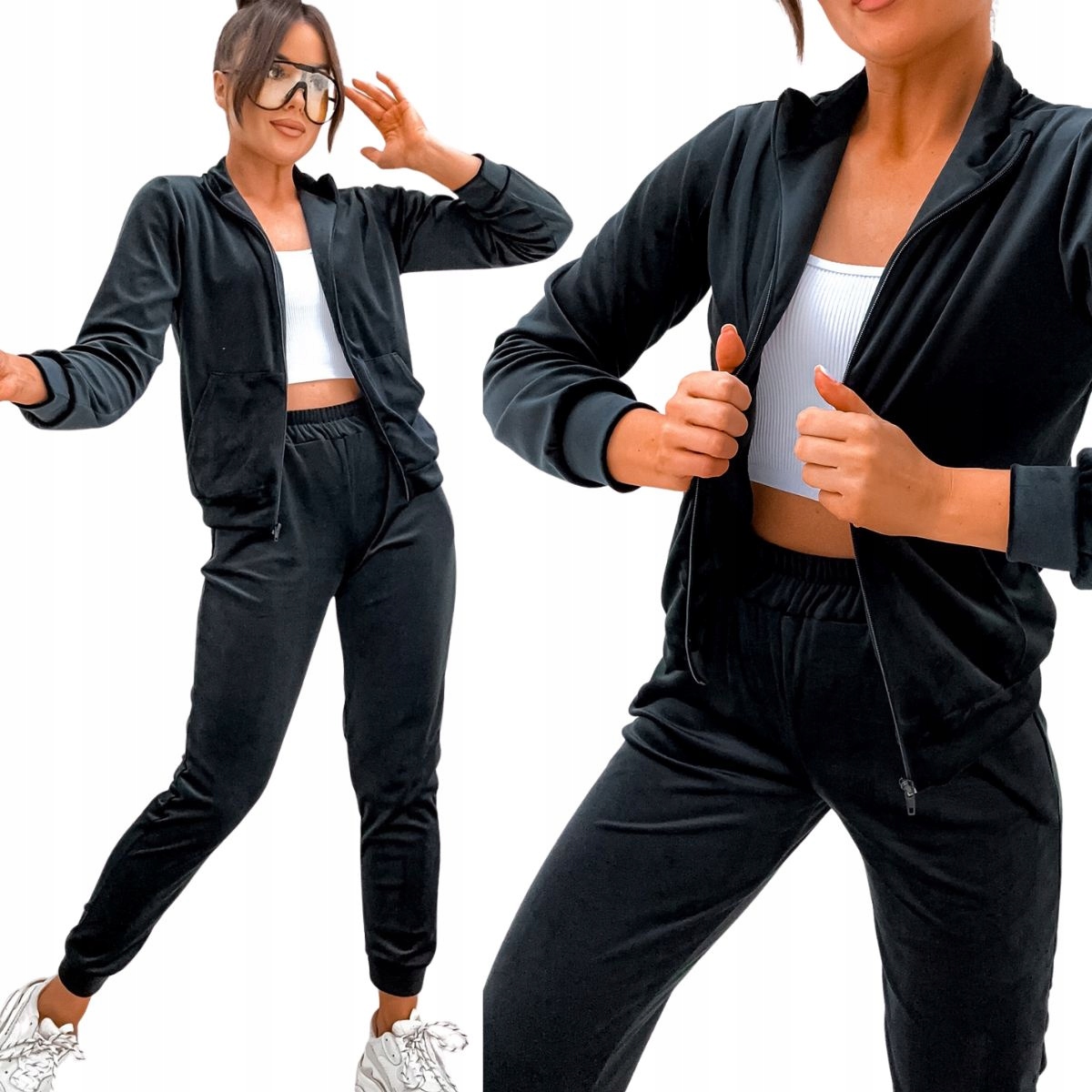 Velurová teplákovka dámská mikina na zip kalhoty Černý model 771 L/XL