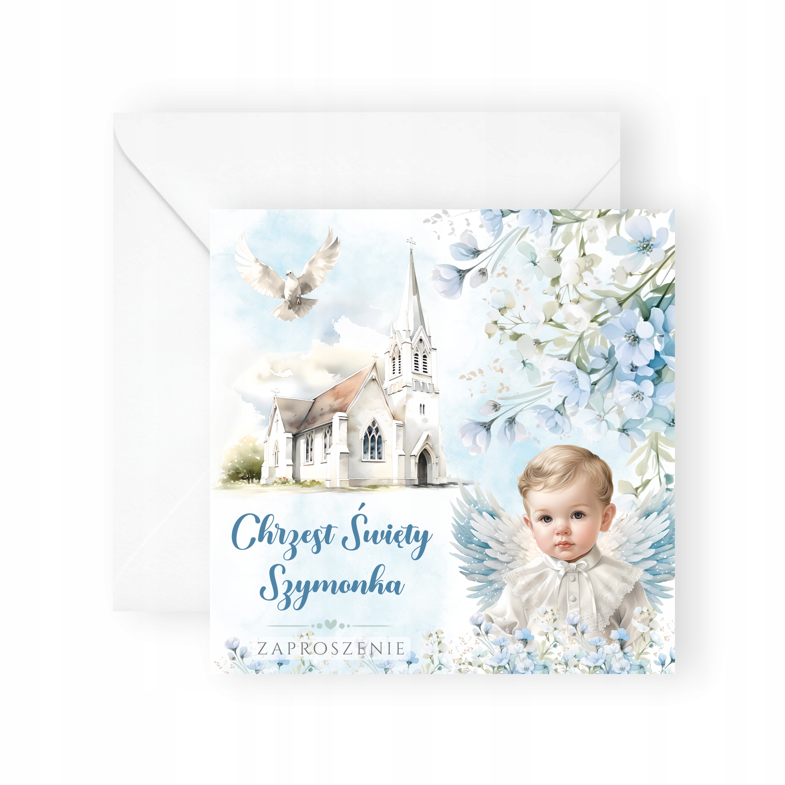 ZAPROSZENIA NA CHRZEST DLA CHŁOPCA + IMIĘ + KOPERTA SŁODKI ANIOŁEK DZIDZIUŚ Wysokość produktu 14 cm