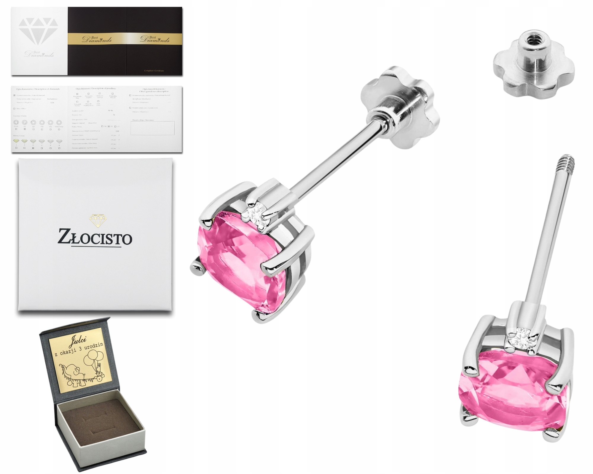 Bílé Zlato Náušnice Růžový Topaz Diamanty Šroubovací Tyčinka Zlato 585