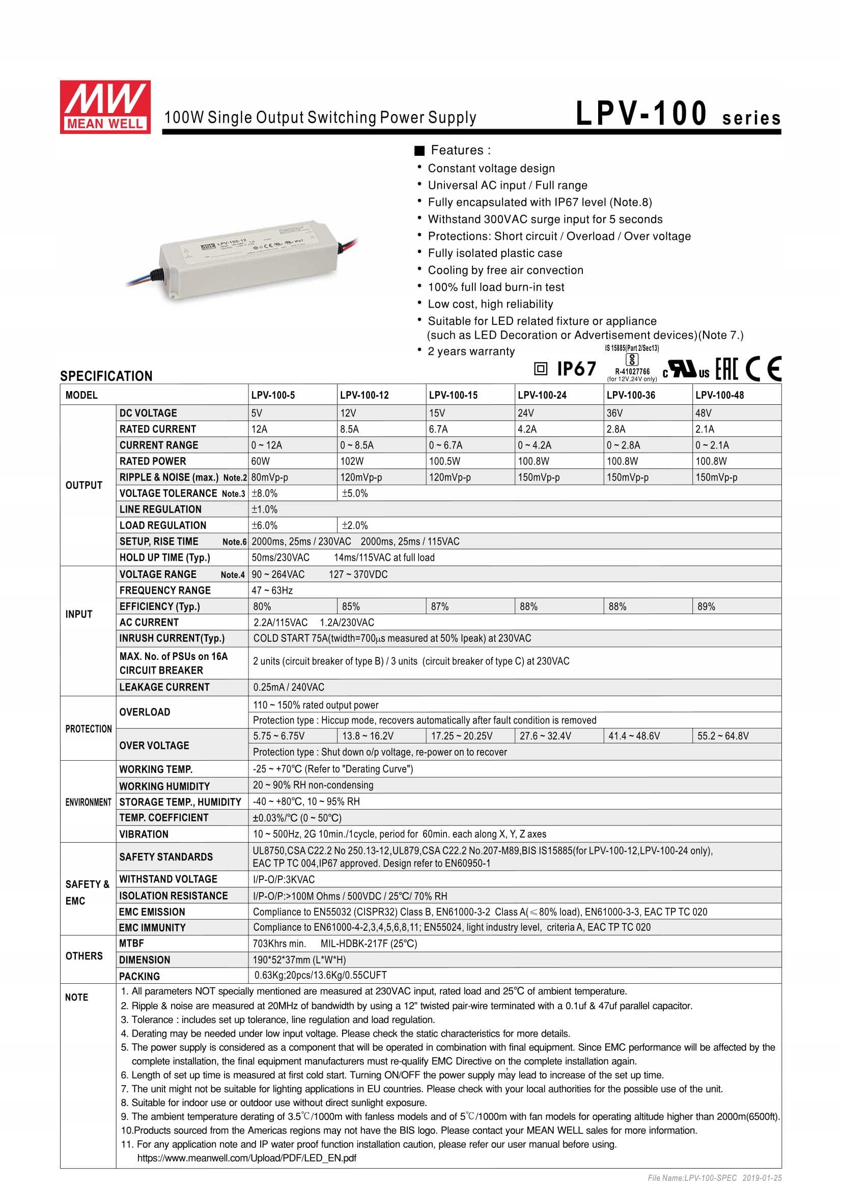 Zasilacz LED MEAN WELL LPV-100-12 100W 12V IP67 Kod producenta LPV-100-12