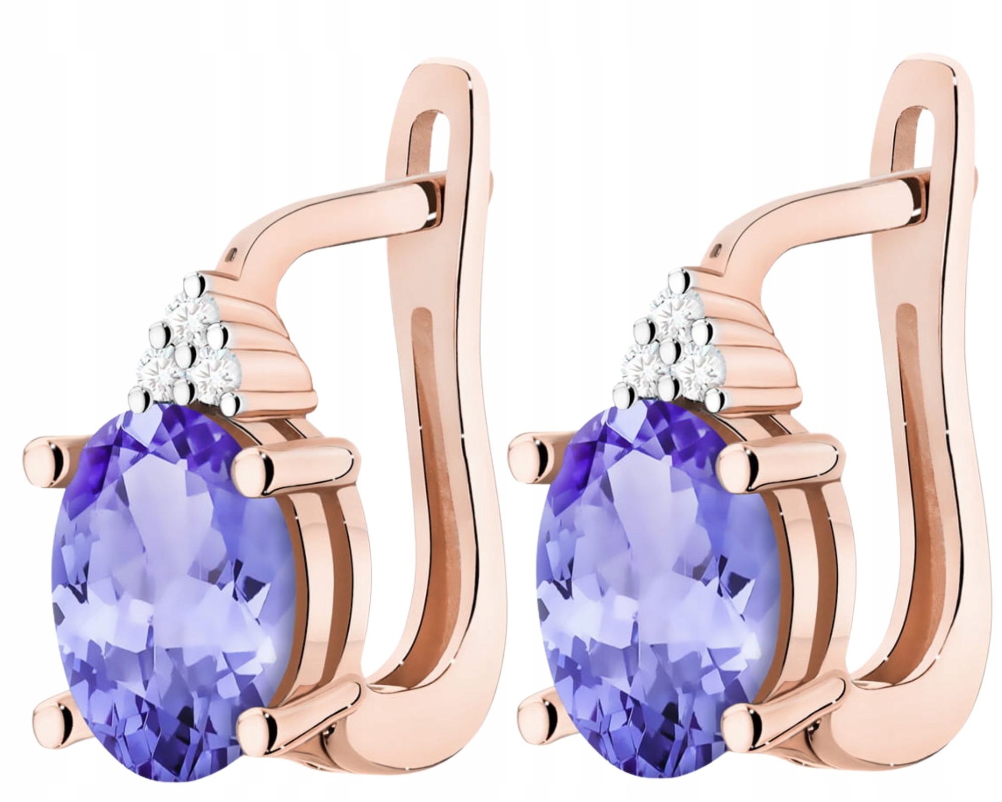 Růžové Zlato Náušnice Přírodní Kámen Tanzanit Diamanty Zlato 585 Dárek