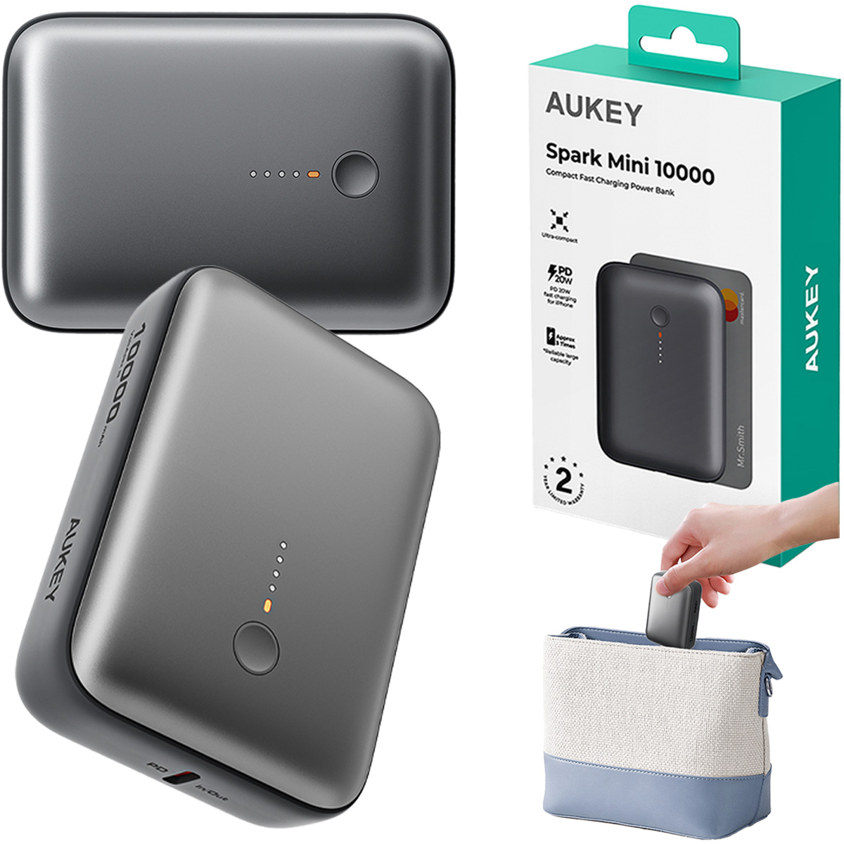 Powerbanka 10000mAh Aukey Spark Mini Usb-c Usb-a PB-Y55 Rychlé Nabíjení