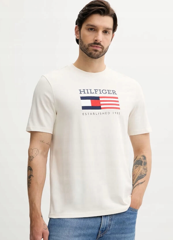 Tommy Hilfiger pánské bavlněné tričko béžové barvy s s potiskem, velikost M