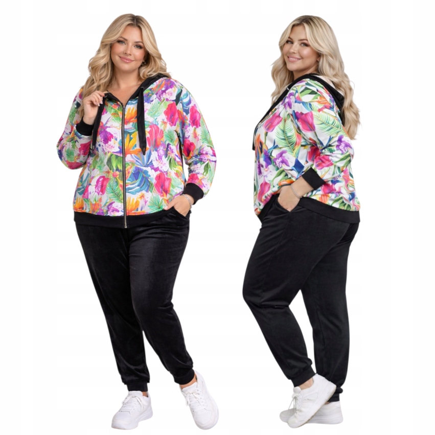 Velurový Teplákovka Dámský Rozepínací Květ 50 52 5xl 6xl černý pohodlný obepínající