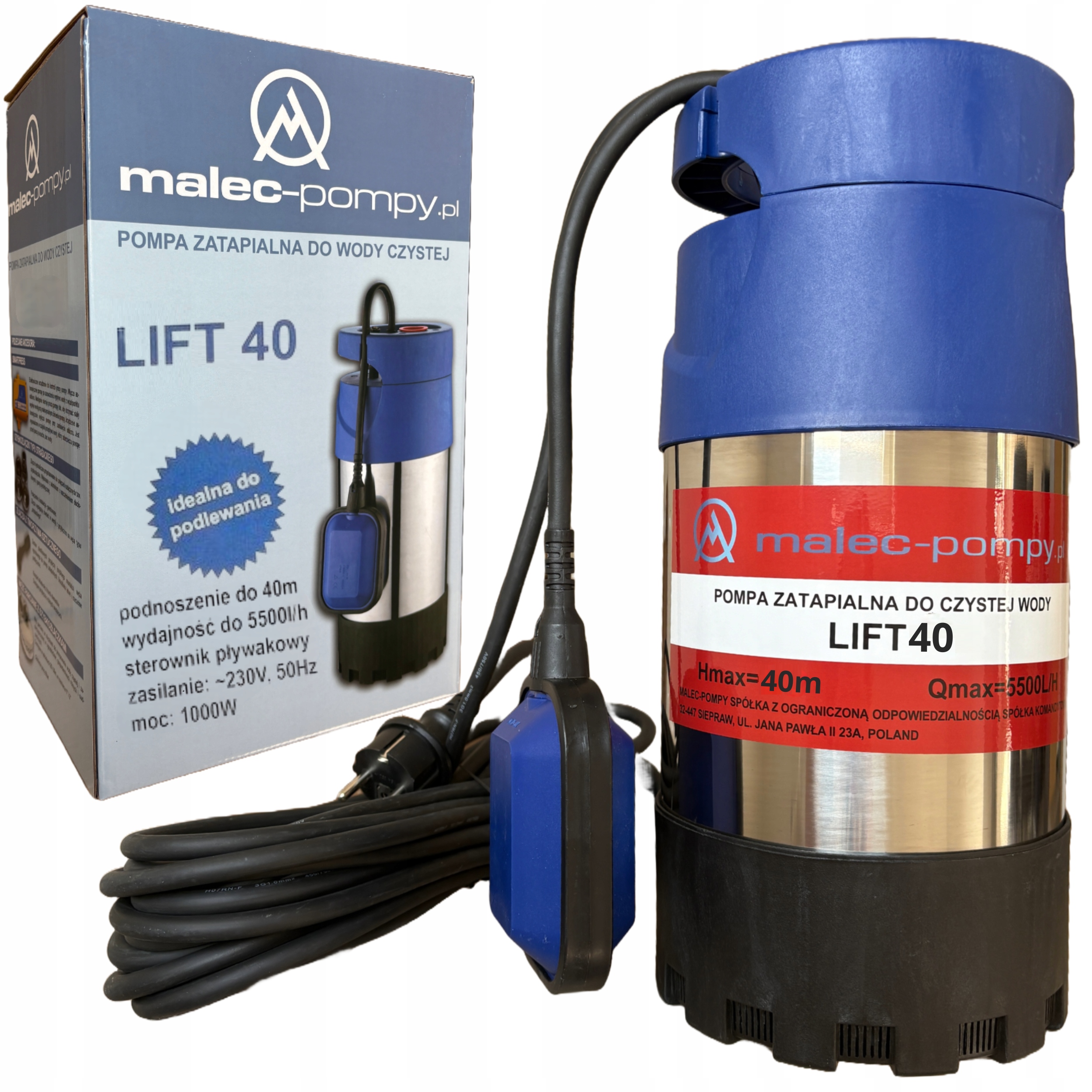 Pompa Zatapialna Lift 40 Do Czystej Wody 1000W Z Pływakiem 4WIRNIKI 5500L/H