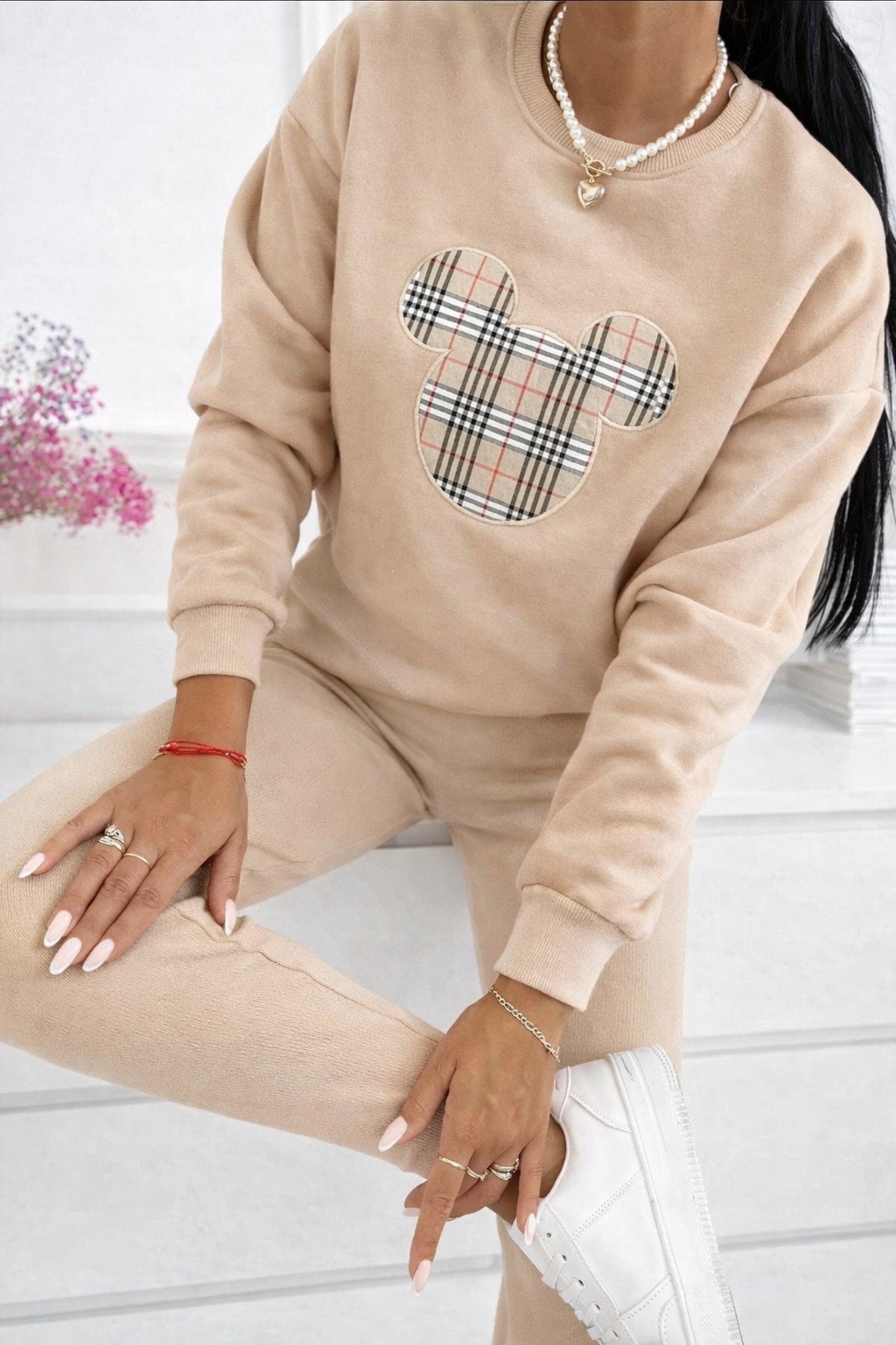 Komplet damski z Myszką dres bluza oversize i legginsy prążek beżowy