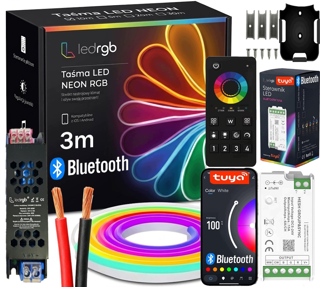 Set Led Pásek Neon 3M Rgb (1x3) Aplikace Bt Tuya Dálkový Ovladač Napájecí Zdroj Montáž
