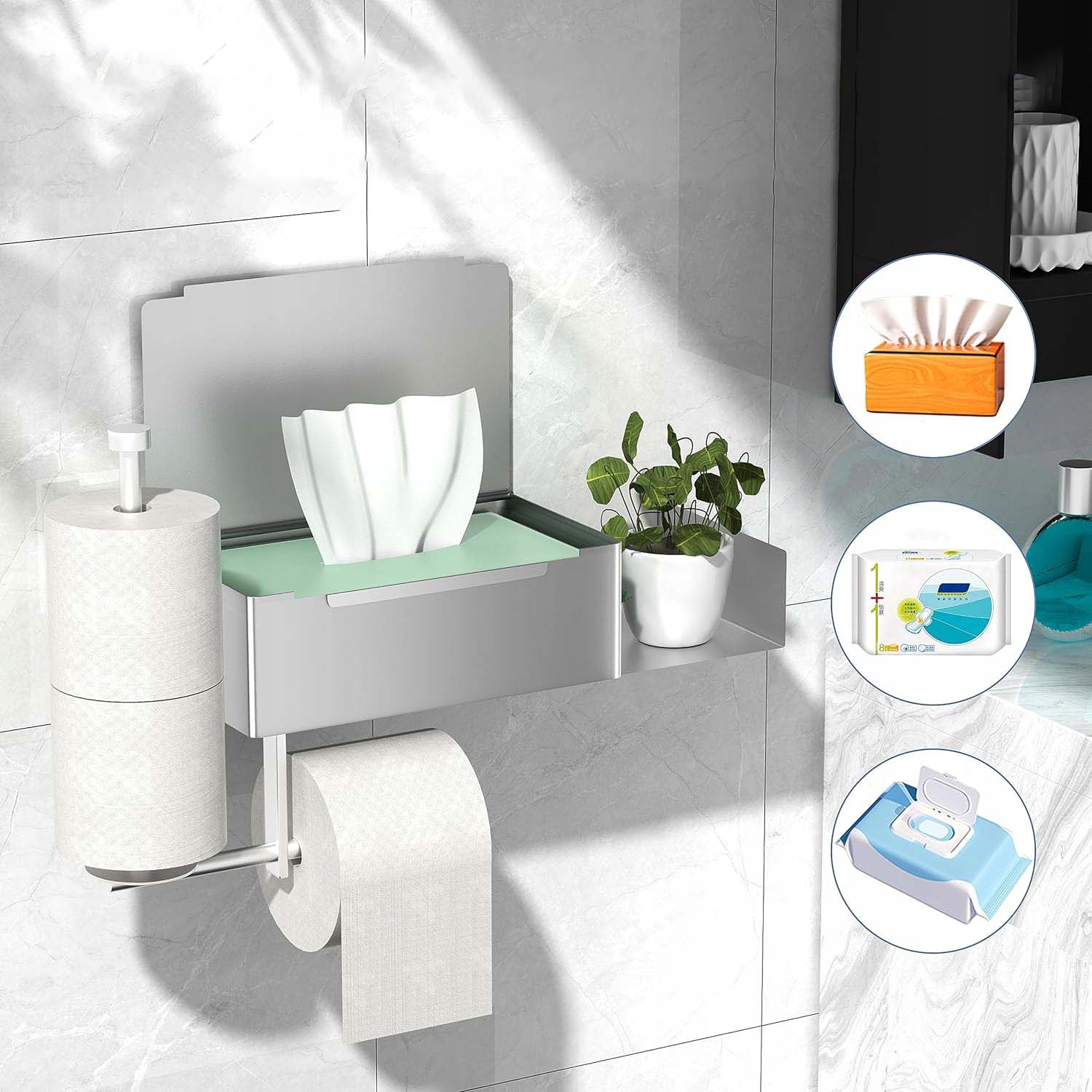 UCHWYT NA PAPIER TOALETOWY BEZ WIERCENIA STALOWY SAMOPRZYLEPNA SREBRNY Głębokość produktu 6.4 cm