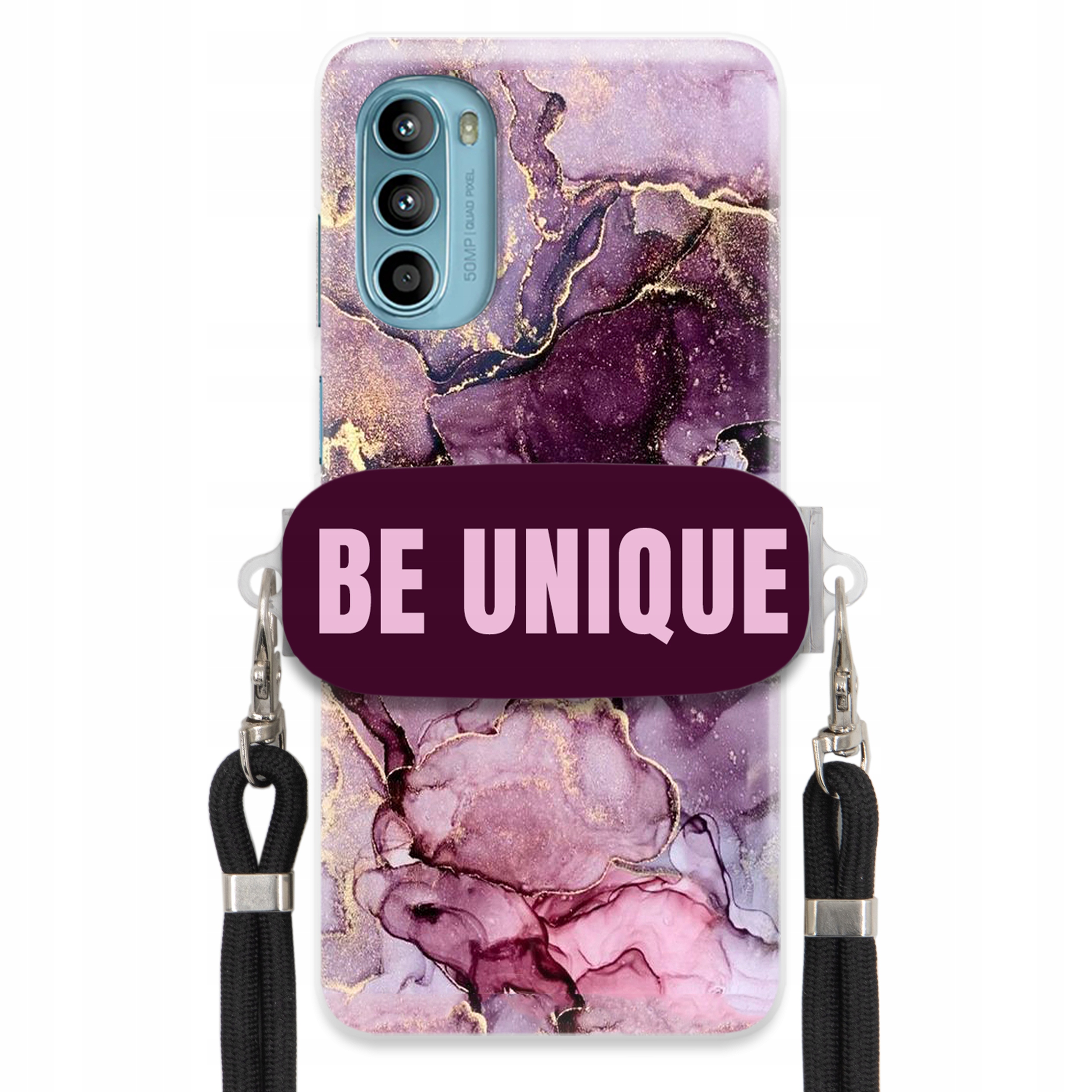 Prémiové puzdro pre Motorola G52 Case Uchywt Šnúrka Čierna Fialová Mramor