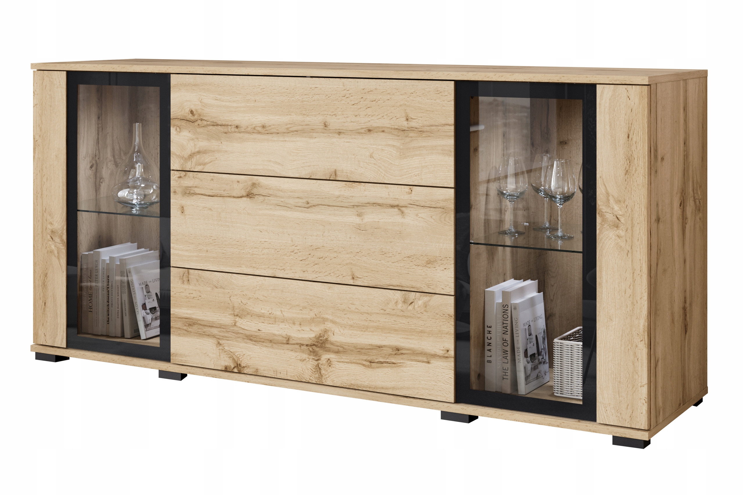 Komoda 150 cm do obývacího pokoje, vitrína s prosklenými zásuvkami, dub wotan s Led