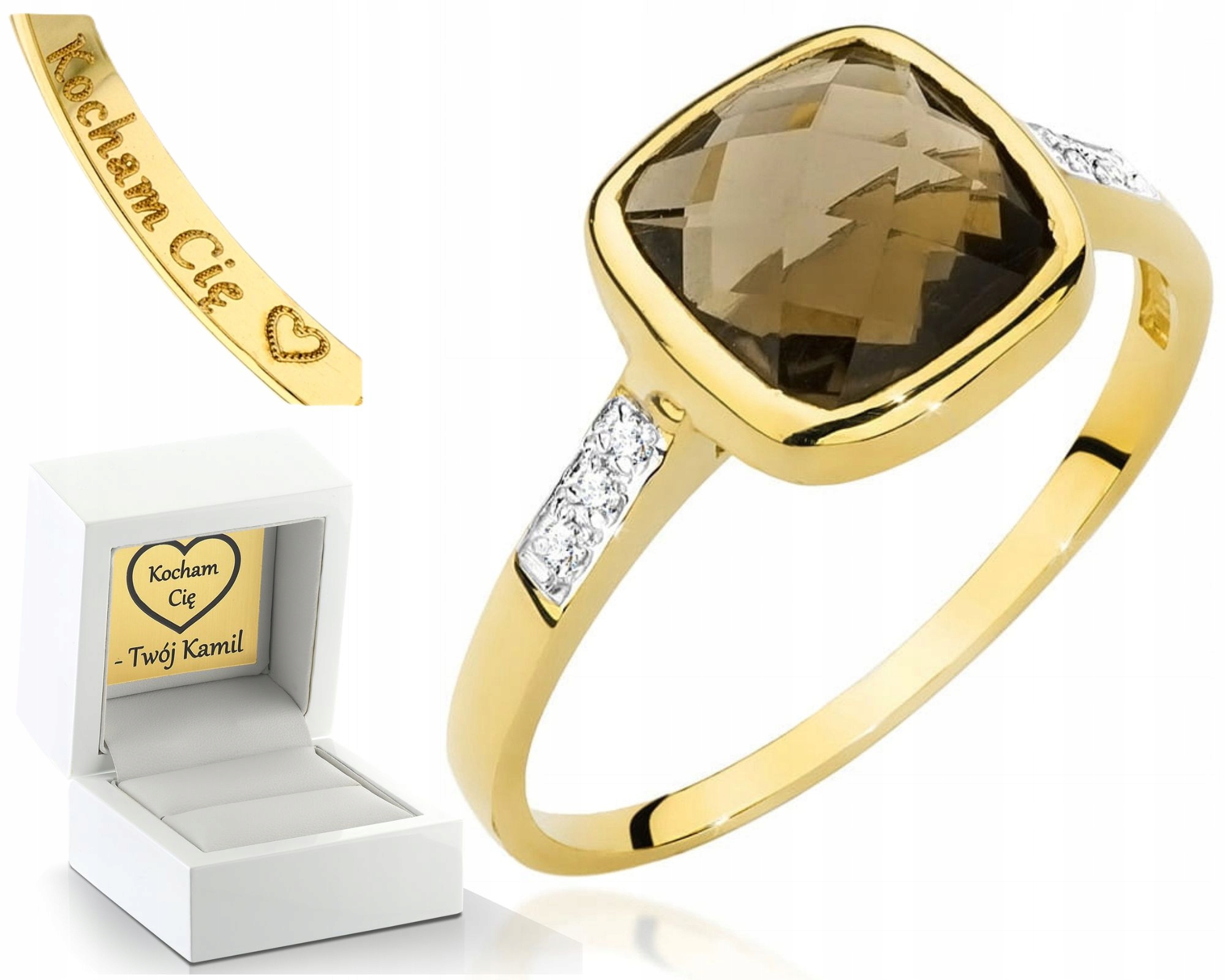 Zlatý Prstýnek Kouřový Křemen S Brilianty Gravírování