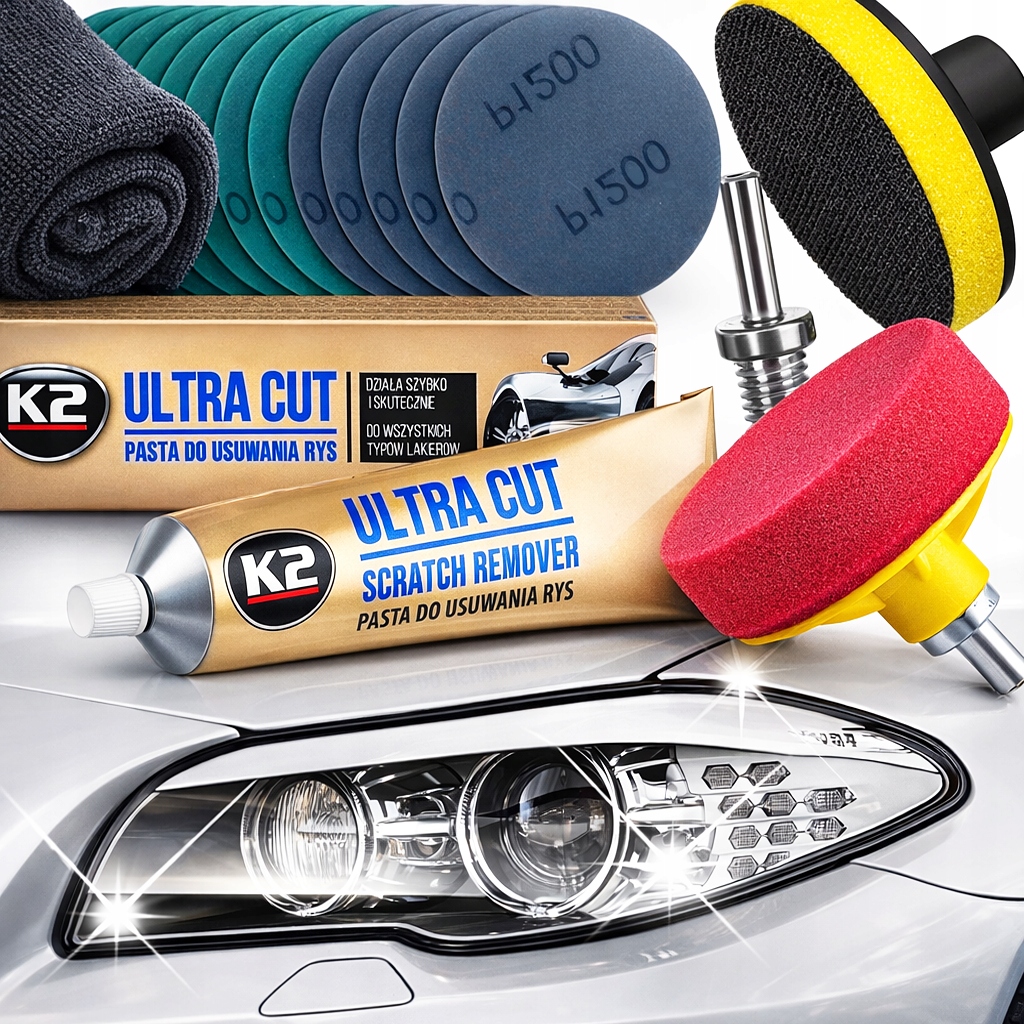 K2 Zestaw Do Polerowania Reflektorów Pasta Ultra Cut Gąbka Krążki Ścierne