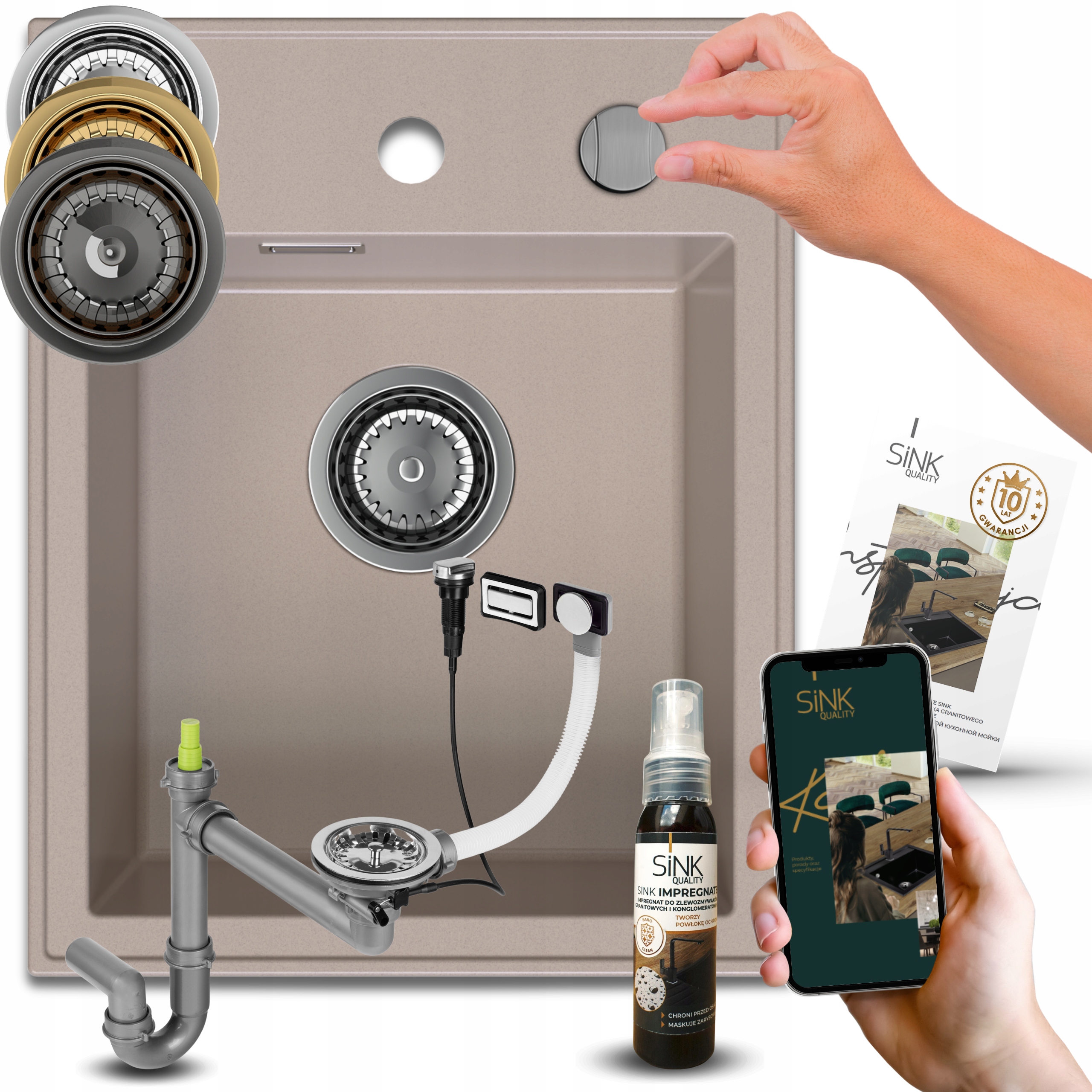 Granitový Jednokorómový Drez Béžový Sifón Automat Impregnat 7v1