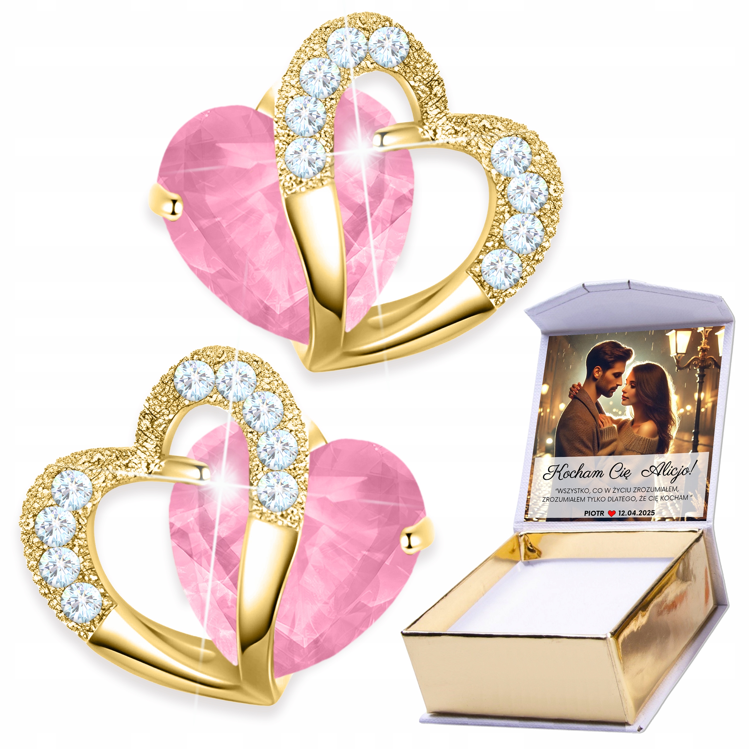 Zlaté Náušnice 925 Růžové křišťálové srdce s bílými zirkony Potisk