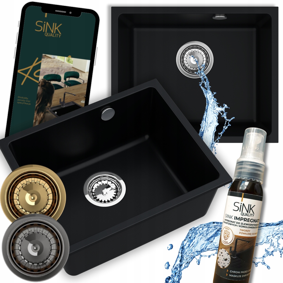 Granitový Dřez Jednokomorový Černý Sink Crypton 55 Manuální Sifon