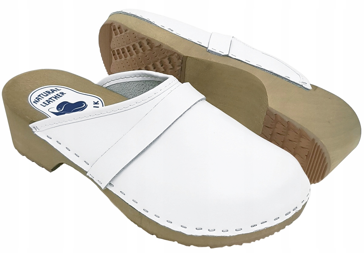 BIAŁE Drewniaki Pełne Proste Skórzane Klapki Chodaki Damskie Medyczne *35* Kolekcja Wiosna Lato Jesień Chodaki Skórzane Pełne