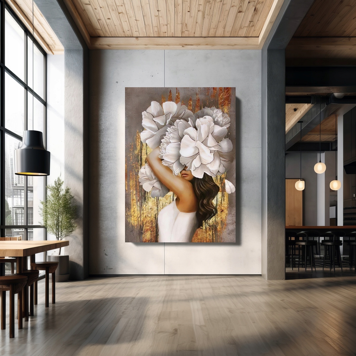 1x OBRAZ NA PŁÓTNIE CANVAS KOBIETA Z KWIATAMI NA GŁOWIE ZŁOTO GLAMOUR 50x70 Kod producenta OBRAZ NA PŁÓTNIE
