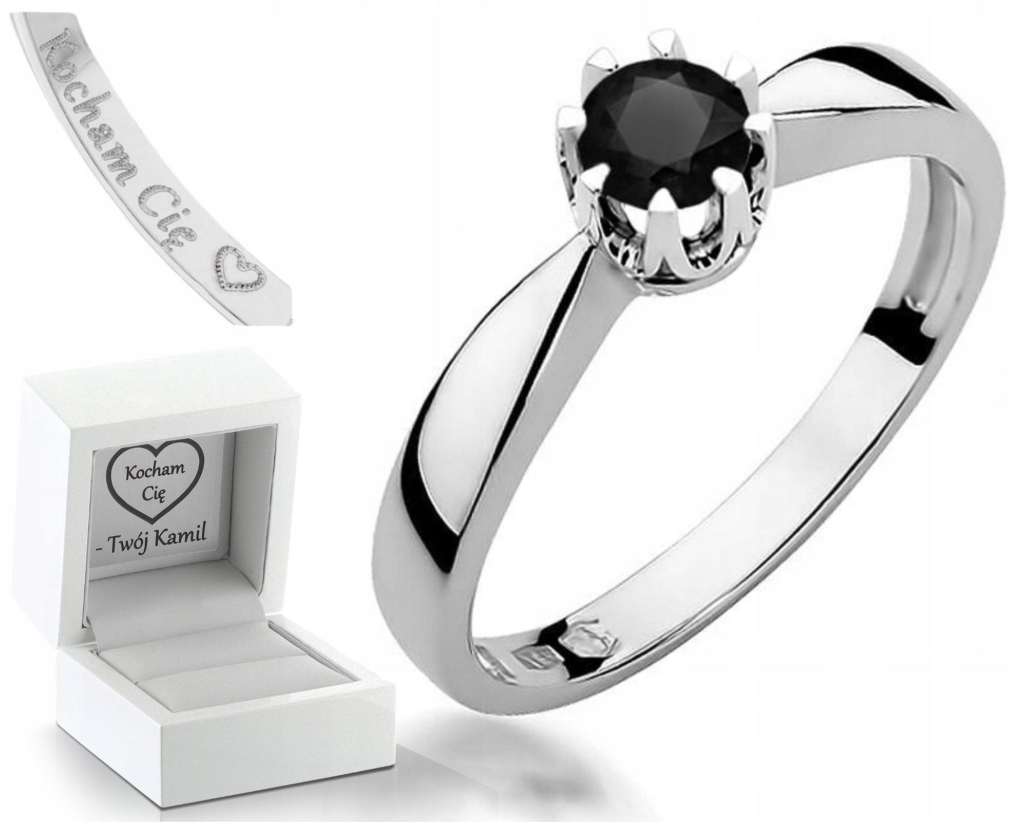 Bílé Zlato Prstýnek Na Zásnuby Černý Briliant Gravírování 585 Bonus