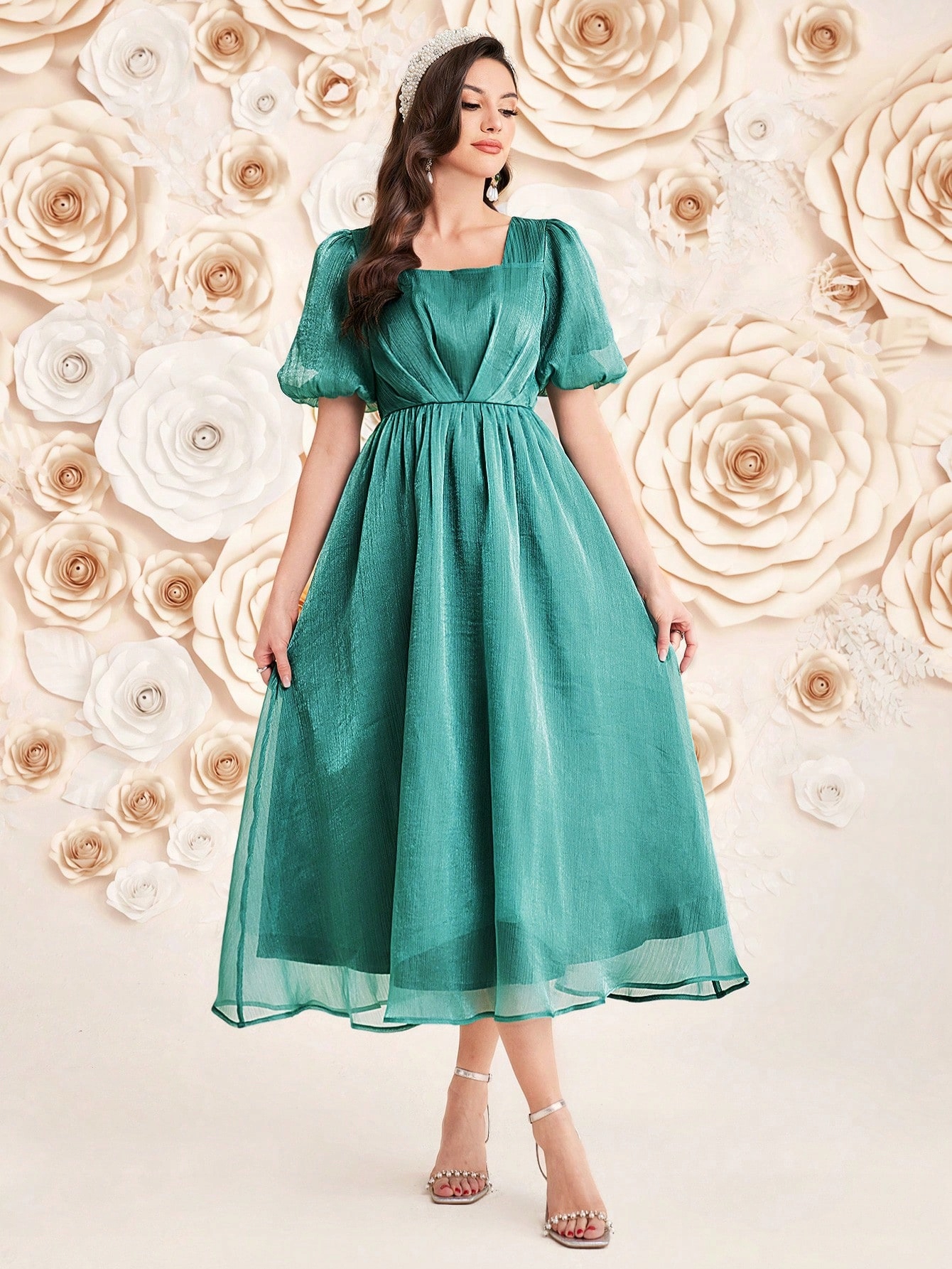 Šaty Večerní Lesklá S Bufetovými Rukávy Zelená Shein L