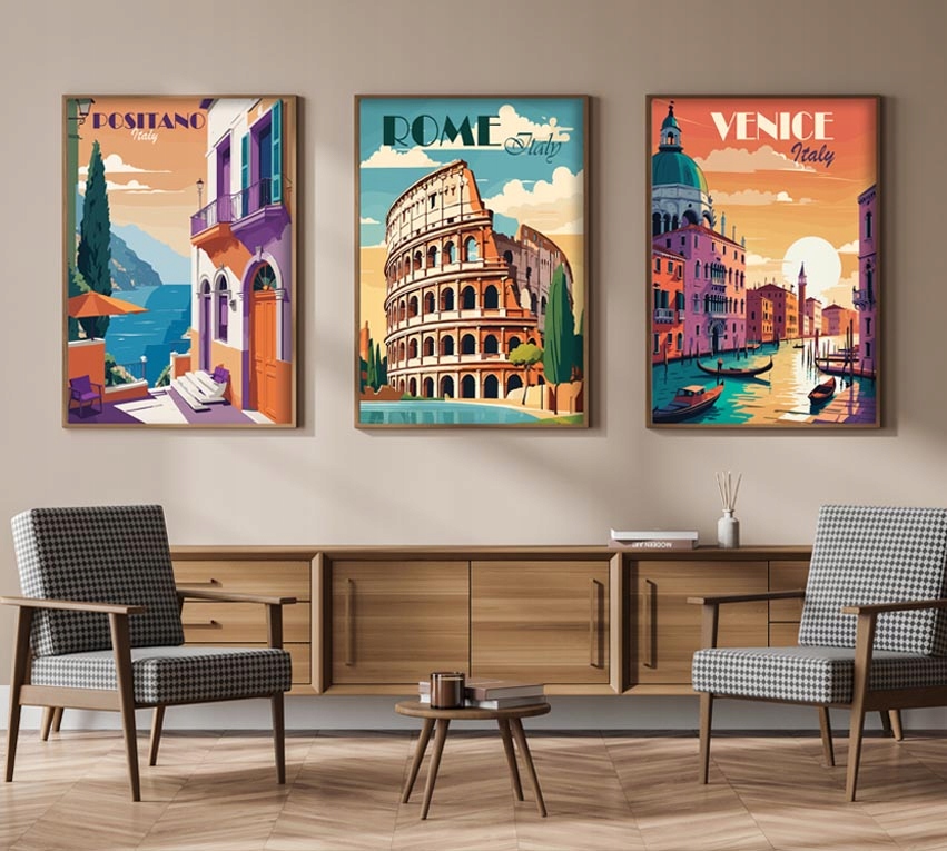 Plakaty Obrazy Pozdróż włoskie miasta Wenecja Rzym Positano Grafiki Vintage Wysokość produktu 50 cm