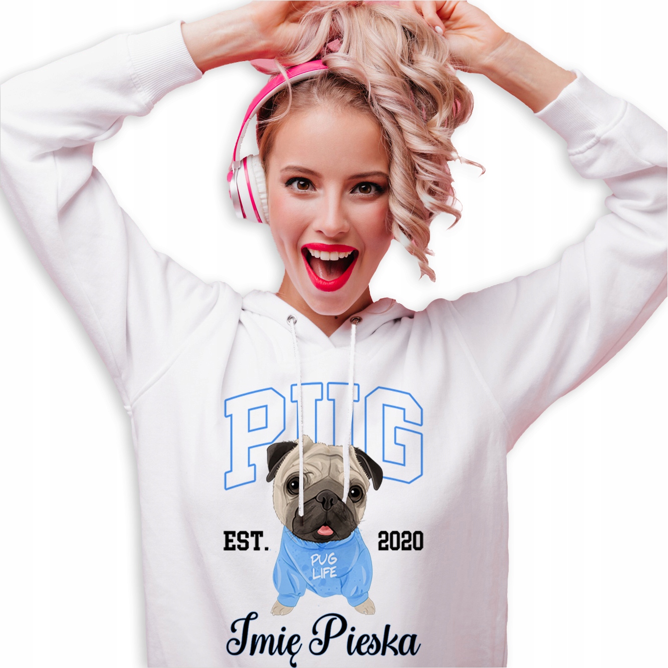 Mikina Bílá Kapuce Bílá jako Dárek pro milovníka psů Pug Jméno Vzory M