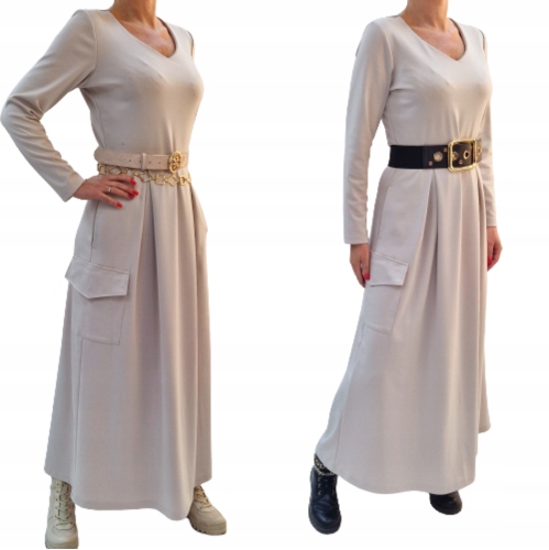 BEŻOWA CODZIENNA SUKIENKA MAXI CARGO Z KIESZENIAMI r 42 (36-56) Marka MM Fashion