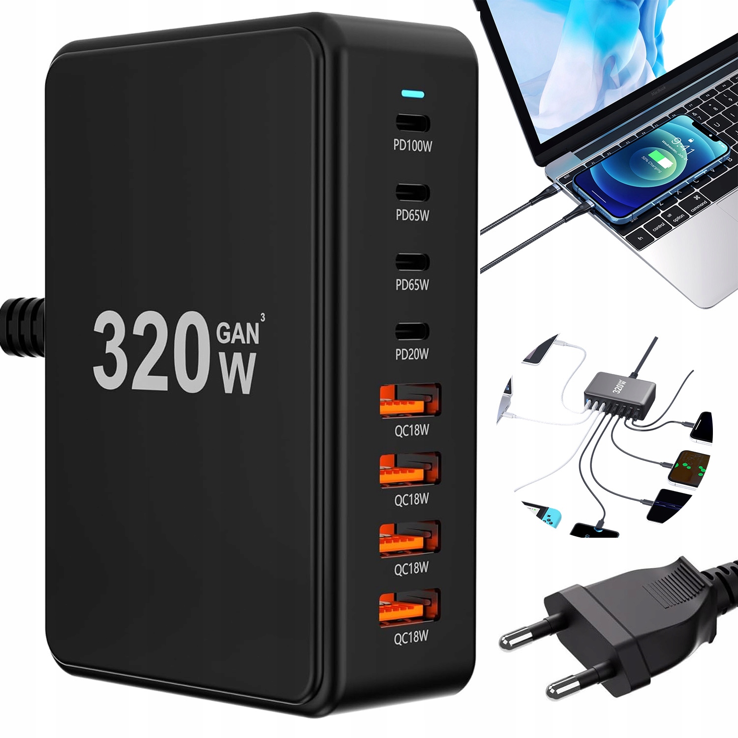 Ładowarka Sieciowa 320W Szybka 4 Interfejsy Qc, 4 Interfejsy Pd Do Tabletów